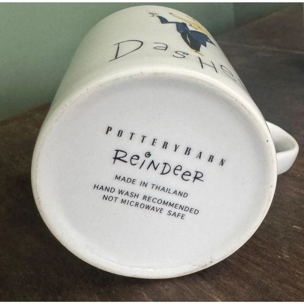 Four Pottery Barn Reindeer Coffee Mugs Prancer Vixen Dancer Dasher